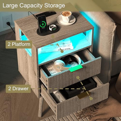 JOONEE Nightstand with Charging Station and LED Lights,Modern Bedside Table with 2 Storage Drawer and Open Wood Shelf, for Bedroom and Small Spaces,Night Stand with Solid Wood Legs,GreyOak - color: Greyoak