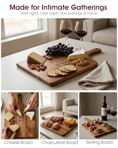 100% Acacia Wood Charcuterie Board Gift Set with Handle & 4 Cheese Knives | Natural Wood Grain | Smooth Polished Finish | Charcuterie & Cheese Board |Hosting & Everyday Serving |Premium Gift Box - size: 15.7"