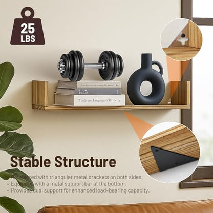 Floating Book Shelves,32 Inches Wall Bookshelf U Shaped,Long Hanging Bookshelf for Wall,Large Rustic Storage Books Shelves for Living Room Kitchen Bathroom Office,Set of 4(Carbonized Black) - color: Carbonized Black