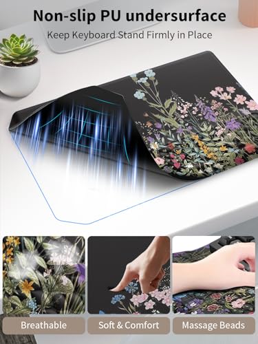 3-in-1 Ergonomic Keyboard Stand with Wrist Rest & Mouse Pad Set, Comfy Keyboard Riser Holder Soft Mousepad with Massage Design, Memory Foam and Non-Slip PU Base for Pain Relief, Flower - color: Black Flower