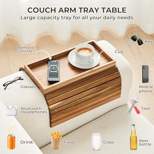 LOVYANXUE Acacia Wood Sofa Arm Tray, Foldable Couch Armrest Table with Anti-Slip Pad, Couch Arm Tray & Cup Holder for Drinks, Coffee, Snacks, Phone, Remote Control - color: Acacia Wood, size: Large (without Phone Holder)