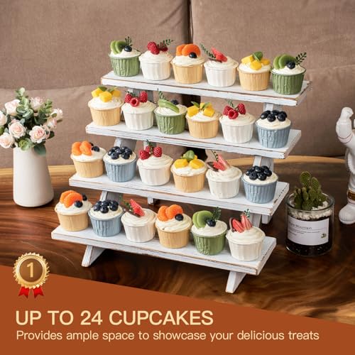 DAOYOUSKY Wooden Rustic Cupcake Stand for 24 Cupcakes, Stepped Wood Display Stand for Weddings, Tiered Party Table Display Riser for Food , Dessert, Cookie, Decor, Craft Show, White - color: White - 1Pcs