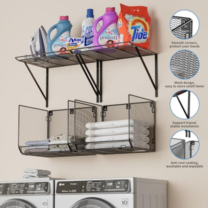 2 Pack Laundry Room Shelves Organization and Storage,Wall Mounted Clothes Drying Rack with Wire Mesh Basket Over Washer and Dryer, (Black, 2 Pack) - color: Black