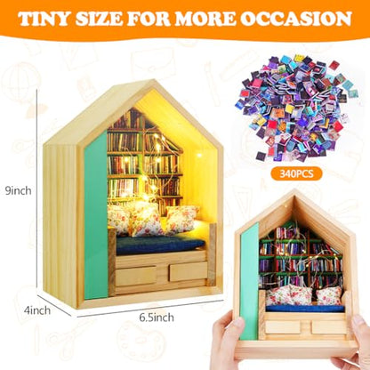 FUYIHGL® Lighted Anxiety Bookshelf with 340 Mini Books | Miniature Book Library Shelf - Coffee Home Office Desk Decor - DIY Tiny Book Nook Kit Organizer - Gifts for Book Lover