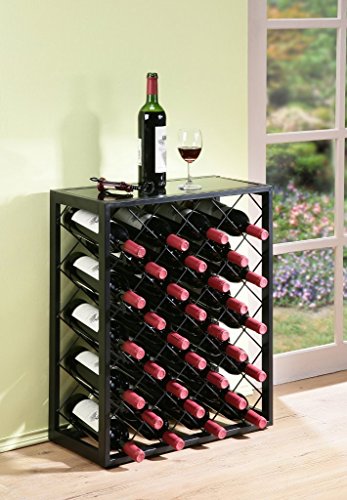 Mango Steam 32 Bottle Wine Rack with Black Glass Top Shelf, Free Standing for Home, Kitchen and Bar - color: Black, size: 32 Bottle