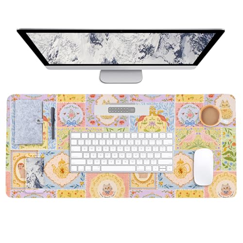 AUPET PU Leather Desk Pad Protector Blotter, Animal 35 x 17in Large Mouse Pad,Cute Office Desk Mat,Waterproof Non-Slip Desk Writing Drawing Pad for Office Home Game (Coffee Dogs) - color: Cat Queen