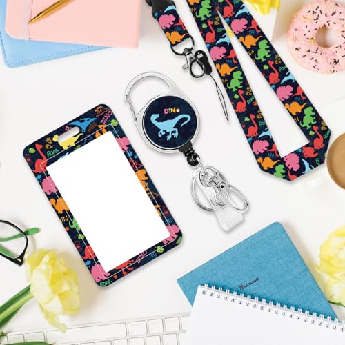 Dinosaur for ID Badge Holder, Dinosaur ID Badge Holder with Heavy-Duty Retractable Reel Clip, Gift for Teacher Nurse Adult - color: Dinosaur-black