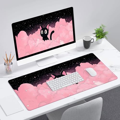 Cute Black Cat Gaming Mouse Pad Cartoon Galaxy Pink Clouds Kawaii Mousepad Extended Large Laptop Keyboard Non-Slip Rubber Base with Stitched Edges for Home 31.5x11.8 Inch - color: Cute Black Cat, size: 31.5" x 11.8"