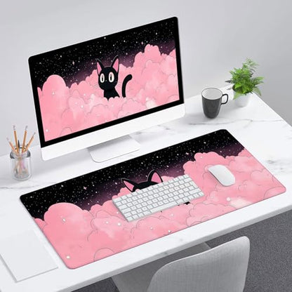 Cute Black Cat Gaming Mouse Pad Cartoon Galaxy Pink Clouds Kawaii Mousepad Extended Large Laptop Keyboard Non-Slip Rubber Base with Stitched Edges for Home 31.5x11.8 Inch - color: Cute Black Cat, size: 31.5" x 11.8"