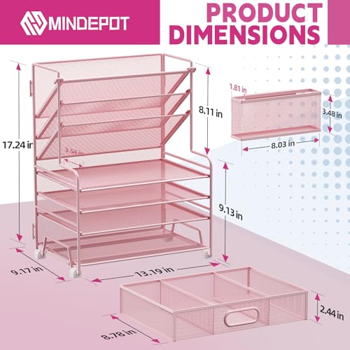 MINDEPOT 4-Tier Paper Organizer + 3-Pocket File Holder + Drawer + Pen Holders, Desktop File Organizers Paper Tray for Office Supplies School Classroom Organization (Pink, with Drawer & Pen Holder) - color: Pink, with Drawer & Pen Holder