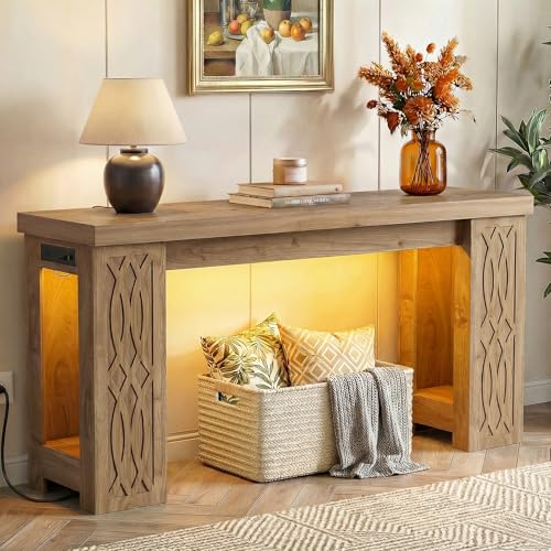 Cyclysio 63" Console Table with Outlet, Farmhouse Entryway Table with Colorful LED Lights, Wooden Sofa Table with Unique Carved Design, Foyer Accent Table for Entrance, Hallway, Living Room Natural - color: Natural, size: 63 Inch