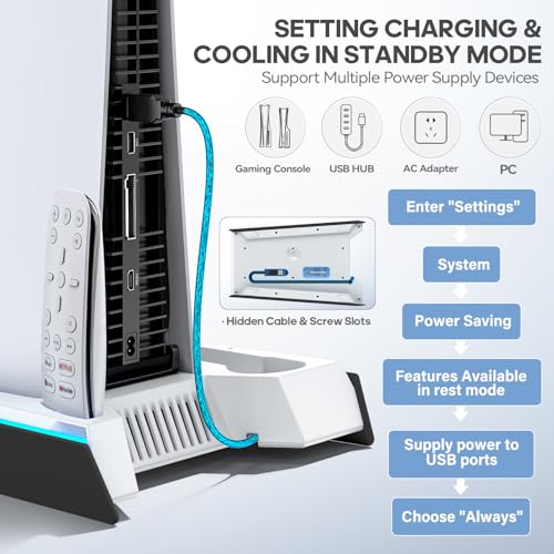 Rysker PS-5/Slim/Pro Stand for Disc & Digital Version, PS-5 Cooling Station with RGB Ambient Lighting, Controller Charger Built-in 3 Level Fan, PS-5 Cooling Stand for PlayStation 5 Case - color: White & Black