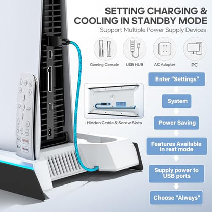Rysker PS-5/Slim/Pro Stand for Disc & Digital Version, PS-5 Cooling Station with RGB Ambient Lighting, Controller Charger Built-in 3 Level Fan, PS-5 Cooling Stand for PlayStation 5 Case - color: White & Black