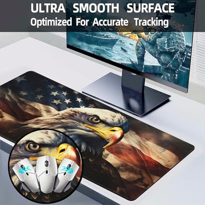 Desk Mat,American Bald Eagle Large Gaming Mouse Pad XL,USA Flag Eagle Desk Pad,Extended Big Computer Keyboard Mousepad with Non-Slip Base and Stitched Edge 31.5"x11.8" - color: American Bald Eagle, size: XL-31.5"x11.8"