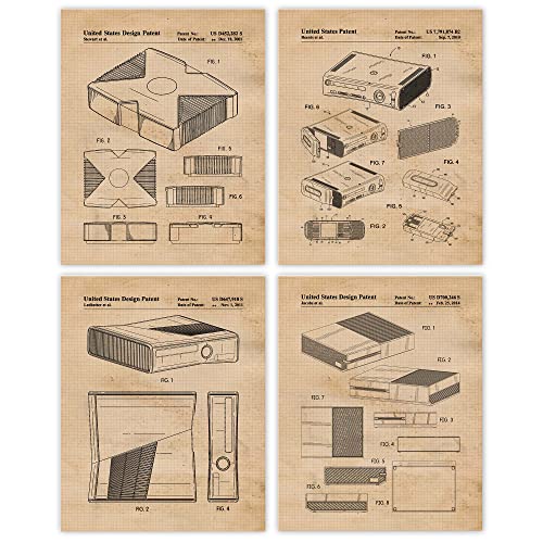Classic Video Game Console Patent Prints, 4 (8x10) Unframed Photos, Wall Art Decor for Home Work Office Xbox Studio Tech Lounge Robotics Gears Online Battle Royales Gaming Shop School Student Teacher
