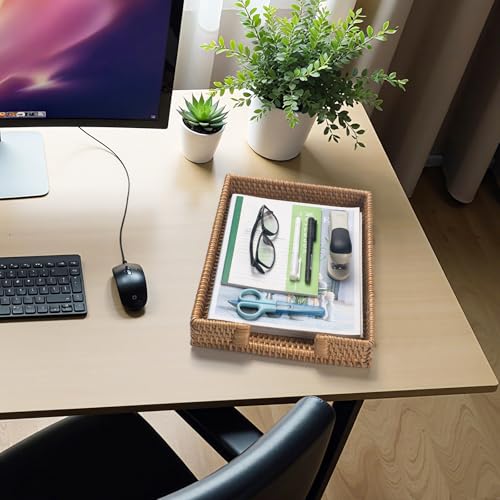 Rattan Letter Tray, Wicker Desk Tray, Woven Desk Organizer, A4 Paper, Document, File, Mail, Magazine Storage Basket for Office, Classroom, Home Desktop