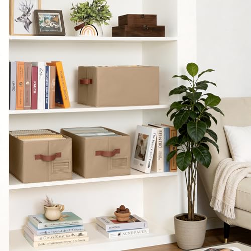 GRANNY SAYS Closet Storage Bins with Label, Closet Organizer Bins, Fabric Storage Basket with PU Handles, Clothing Storage Organizers, Brown, Medium, 3-Pack - color: Brown, size: Medium