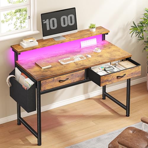 Gaming Desk with LED Lights with 2 Drawers, 31 Inch Desk Home Office Desk Computer Desk with Side Pocket & Ergonomic Monitor Stand, Small Space Study Writing Table with Anti-Tip Design, Rustic Brown - color: Brown, size: 31.0 Inch