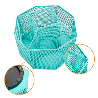 Annova Mesh Desk Organizer Rotate with 5 Compartments Spinning Tidy Candy/Pen Holder Office, Art Supply, Storage, Classroom, Home (Turquoise) - color: Turquoise