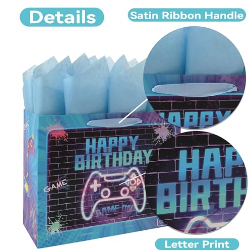 wishinside 13” Large Gamer-themed Birthday Gift Bag Set with Handles, Greeting Card, Tissue Papers and Stickers for Boys Girls Kids Teens Men Women, Game Design, 1 Pcs