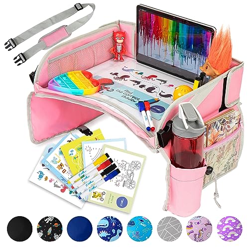 PILLANI Kids Travel Tray for Car - Car Seat Tray for Kids Travel, Road Trip Essentials, Carseat Table for Roadtrip Activities - Must Haves Toddler Lap Desk Organizer for Airplane - Car Accessories - color: Pink