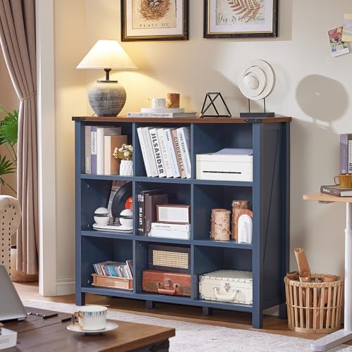 Joaxswe 9 Cube Bookcase, Farmhouse 47 Inch Wide Navy Blue Bookshelf, Wooden 3 Tier Display Large Open Book Shelf, Vintage Horizontal Book Case for Home Office, Cubby Storage Cabinet for Living Room - color: Navy Blue, size: 9 Cube (13.6 "D x 47.24 "W x 42