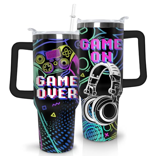 Game Tumbler with Lid and Straw, 40oz Gamer Water Bottle Cup with Handle, Gaming Travel Coffee Mugs, Birthday Gifts for Gamer Men Boys - color: Game 03, size: 40 Ounces