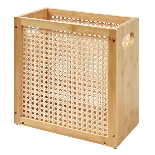 TIOPGHAD 3-Gallon Small Rattan Wicker Waste Basket Trash Can, Natural | Bamboo Frame with Handles, 11.8x6.7x11.8 inches, Waterproof Coating, Ideal for Bathroom, Office and Bedroom - color: Natural