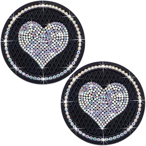 2PCS Sparkling Car Cup Holder Coaster – 2.75 Inch Silicone Insert – Non-Slip, Shockproof – Universal Auto Interior Accessories for Women Girls (Black & Colorful) - color: Black & Colorful Love Diamond, size: 2 pcs