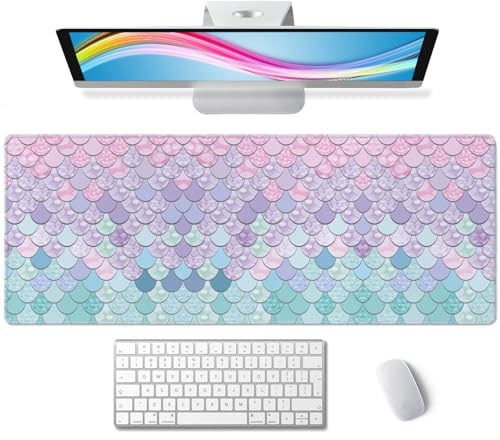 Gaming Mouse Pad Large,Mermaid Scales Mouse Pad Gaming Mouse Mat Desk Pad,31.5 x 11.8 Desk Mat Mouse Pads for Desk,Extended Keyboard Mousepad with Non-Slip Base and Stitched Edge - color: Mermaid Scales