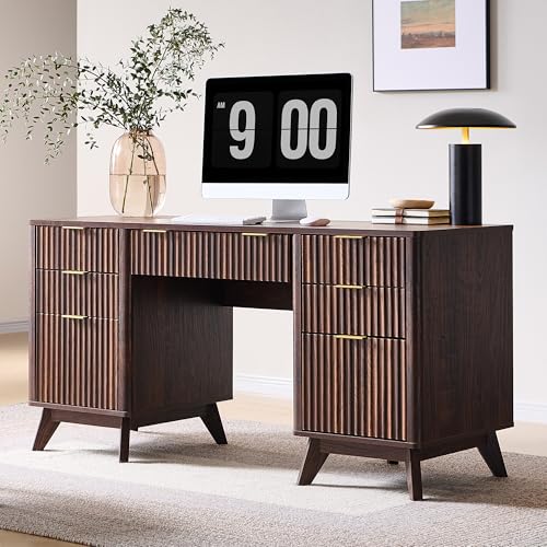 T4TREAM 60'' Fluted Executive Desk with Drawers, Modern Home Office Computer Desk with Charging Station, Keyboard Tray, File Drawer and Storage Cabinet for Study, Living Room, Bedroom, Dark Walnut - color: Dark Walnut