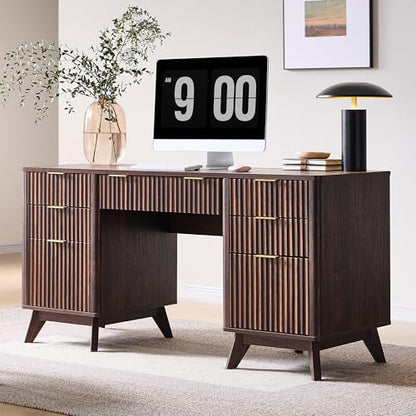 T4TREAM 60'' Fluted Executive Desk with Drawers, Modern Home Office Computer Desk with Charging Station, Keyboard Tray, File Drawer and Storage Cabinet for Study, Living Room, Bedroom, Dark Walnut - color: Dark Walnut