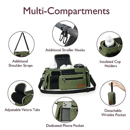 Momcozy Universal Baby Stroller Organizer, 2 Insulated Cup Holder, Detachable Zippered Pocket, Adjustable Shoulder Strap, Large capacity for baby essentials, Compact Design Fits Any Strollers - color: Green