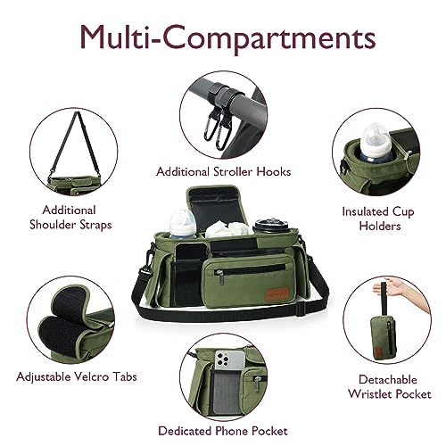 Momcozy Universal Baby Stroller Organizer, 2 Insulated Cup Holder, Detachable Zippered Pocket, Adjustable Shoulder Strap, Large capacity for baby essentials, Compact Design Fits Any Strollers - color: Green