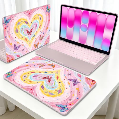 Cute Graffiti Printed Hard Shell Case for 2026 MacBook Neo 13 Inch A3404 A18 Pro, with Screen Protector, Keyboard Cover, Silicone Dust Plugs & Webcam Privacy Cover, Colorful Heart & Butterfly - color: Blush Pink Graffiti