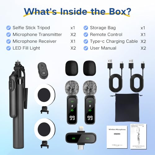 Content Creator Vlogging Kit,180CM Metal Selfie Stick Tripod with Light and Wireless Microphones,Vlogging Kit for iPhone/Android,Phone Tripod for Tiktok &YouTube Starter Kit - color: Black-SM