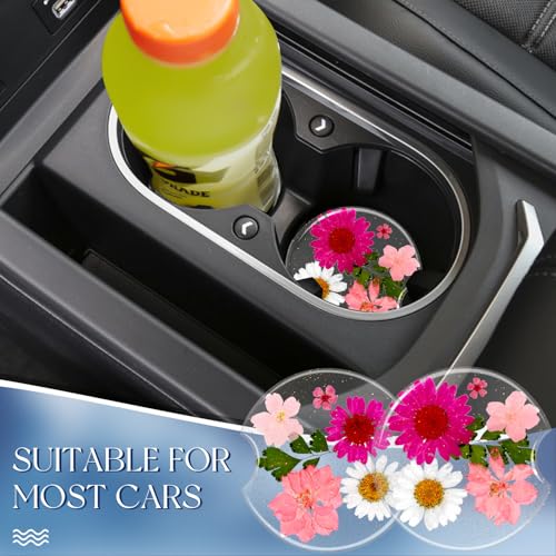 Swooflia Flower Car Cup Holder Coasters for Women - 2.75 Inch Cute Resin Clear Automotive Drink Cupholder Insert Car Accessories 2 Pack Pink - color: Pink