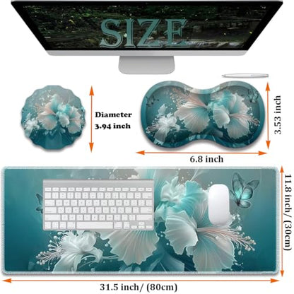 Large Gaming Mouse Pad + Wrist Rest+ Coaster Combo, 31.5 "x 11.8" Durable Non-Slip Extension Table Mat, Suitable for Office and Home, Blue Art Butterflies - color: Blue Art Butterflies