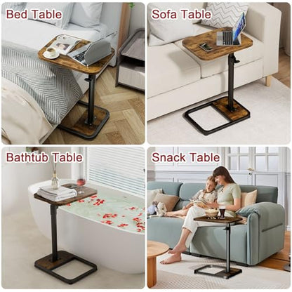 GOYLSER C-Shaped Tables Small Swivel End Table, Height Adjustable Side Tables Living Room, Rotating Snack Couch Wooden Tv Trays for Eating On Couch, Rustic Brown - color: Rustic Brown