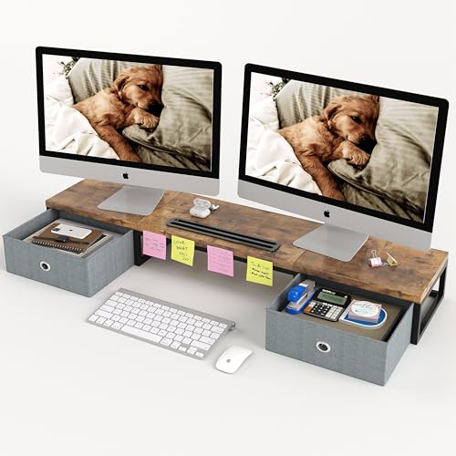 39 Inch Dual Monitor Stand Riser with 2 Drawers - Large Brown Wooden Computer Stand for 2 Monitors, Ergonomic Desk Organizer with Phone Holder, Desktop Storage for Laptop, Office Supplies, Home Office - color: Rustic Brown
