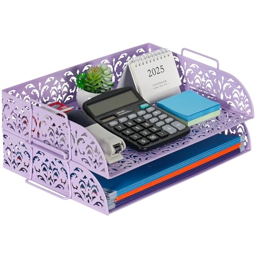 EasyPAG Paper Organizer for Desk 2 Tier Stackable Paper Tray for A4 Legal Size Folders Metal File Storage Desktop Organizer for Home Office School Teacher, Purple - color: Purple