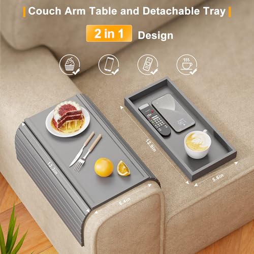 Bestjing Bamboo Sofa Armrest Tray Table for Couch - 2-in-1 Foldable Couch Arm Table with Be Slide Detachable Tray- Anti-Slip Sofa Armchair Caddy for Drinks Cellphone TV Remote Snacks(Gray) - color: Gray, size: 16.9" x 13.3" x 1.5"