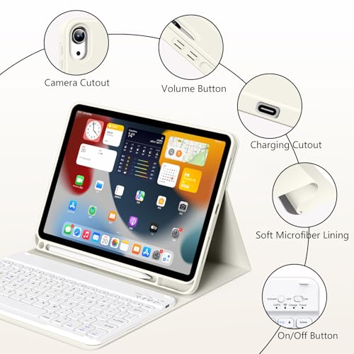 Keyboard Case for iPad (A16) 11th Gen 11 Inch 2025, iPad 10th Generation 10.9 inch 2022 with Pencil Holder, Wireless Keyboard and Slim Lightweight Soft Cover Auto Wake/Sleep, Cream White - color: Cream White