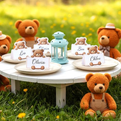 50 Pcs Bear Baby Shower Place Cards for Table Setting, Self-Adhesive Jungle Animals Name Tag Labels Stickers for Coquette Birthday Party Table Setting Supplies