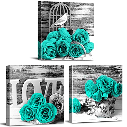 Teal Bathroom Wall Decor Turquoise Teal and Grey Rose Wall Art for Bedroom Living Room Accessories Love Sign Aqua Green Flower Pictures Floral Poster Canvas Artwork Kitchen Home Decoration 12x12" 3 - color: Green Rose, size: 12x12in