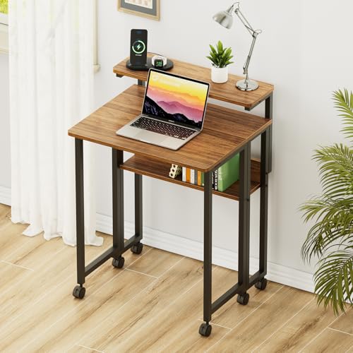 GreenForest Folding Desk with Adjustable Monitor Stand, 24.8 in Small Desk | Storage Shelf, Lockable Wheels, Portable, Space Saving, Mobile Rolling Table for Small Spaces, Home Office, Writing, Walnut - color: Walnut