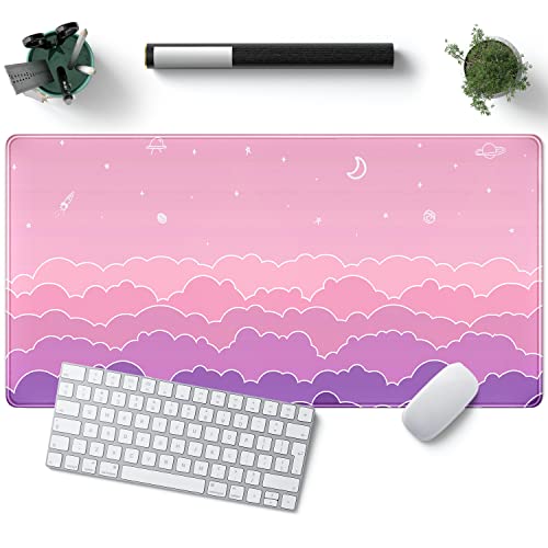 Kawaii Mouse Pad Desk Gaming Accessories Cute Clouds XXL Mouse Pad Pink Anime Office Decor Desk Mousepad Large, 31.5x15.7in Extended Keyboard Mousepad for Desk Girl with Stitched Edges Non-Slip - color: B-lovely Pink