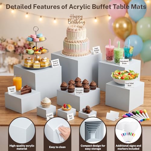 10 Pcs White Acrylic Buffet Risers with Mini Sign and Marker, Food Risers Display Stands for Buffet Table Party Catering Dessert Jewelry Collectibles,Acrylic Cube Nesting Boxes with Hollow Bottoms 8 Sizes (10" 9" 8" 7" 6" 5" 4" 4" 3" 3") - size: 10" 9" 8"