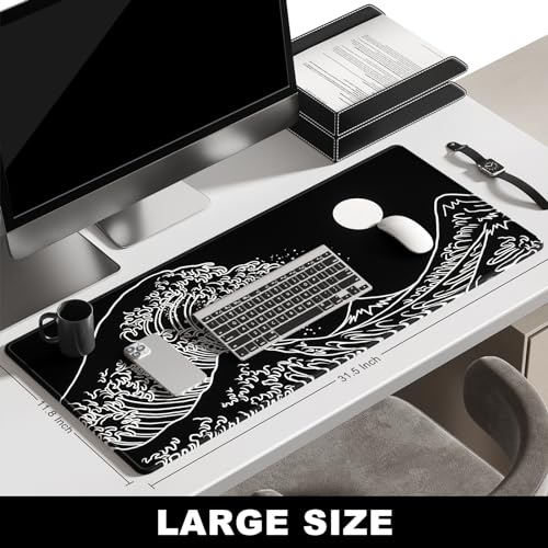BOSOBO Large Desk Pad, XXL Extended Gaming Mouse Pad & Keyboard Mat, Desktop Full Cover 31.5 x 11.8 Inches, Art Japan Kanagawa Wave Black - color: Art Japan Kanagawa Wave, size: XL - 31.5 x 11.8 Inches
