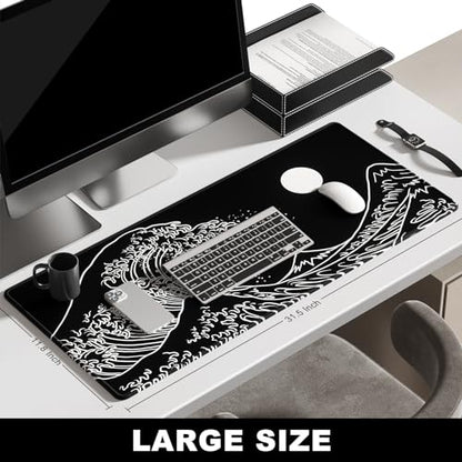 BOSOBO Large Desk Pad, XXL Extended Gaming Mouse Pad & Keyboard Mat, Desktop Full Cover 31.5 x 11.8 Inches, Art Japan Kanagawa Wave Black - color: Art Japan Kanagawa Wave, size: XL - 31.5 x 11.8 Inches